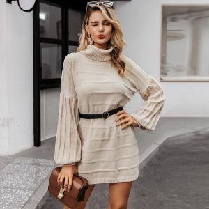Apricot Pearlette Turtleneck Fall Dress